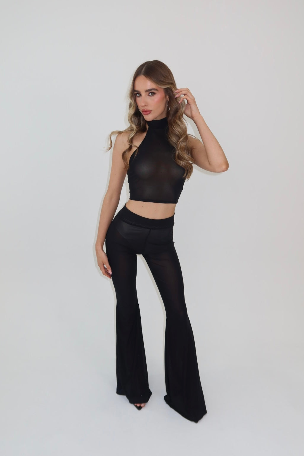 ‘Raffy’ Black Mesh Flare Pant Set