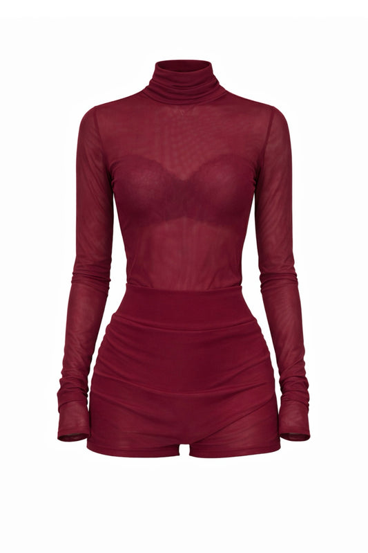 Cherry Burgundy Mesh Short Set / MADE TO ORDER