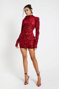 Ruby Red Embossed Velvet Mini Dress / IN STOCK