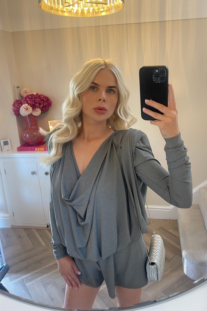 ‘Bethany’ Grey Drape Neck Playsuit
