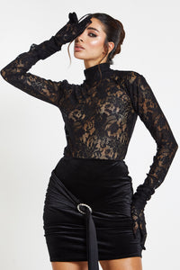 Kylie Black Lace Top With Removable Gloves / PRE ORDER