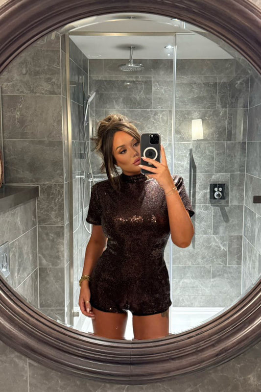 Loren Chocolate Brown Sequin Romper / MADE TO ORDER