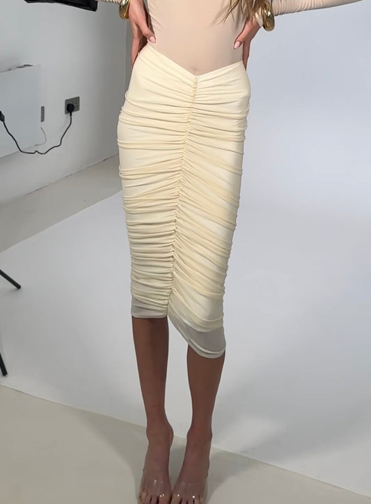 Cream Ruched Midi Skirt / IN STOCK