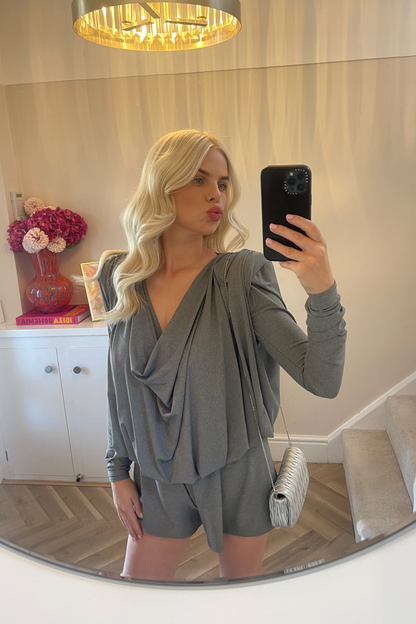 ‘Bethany’ Grey Drape Neck Playsuit