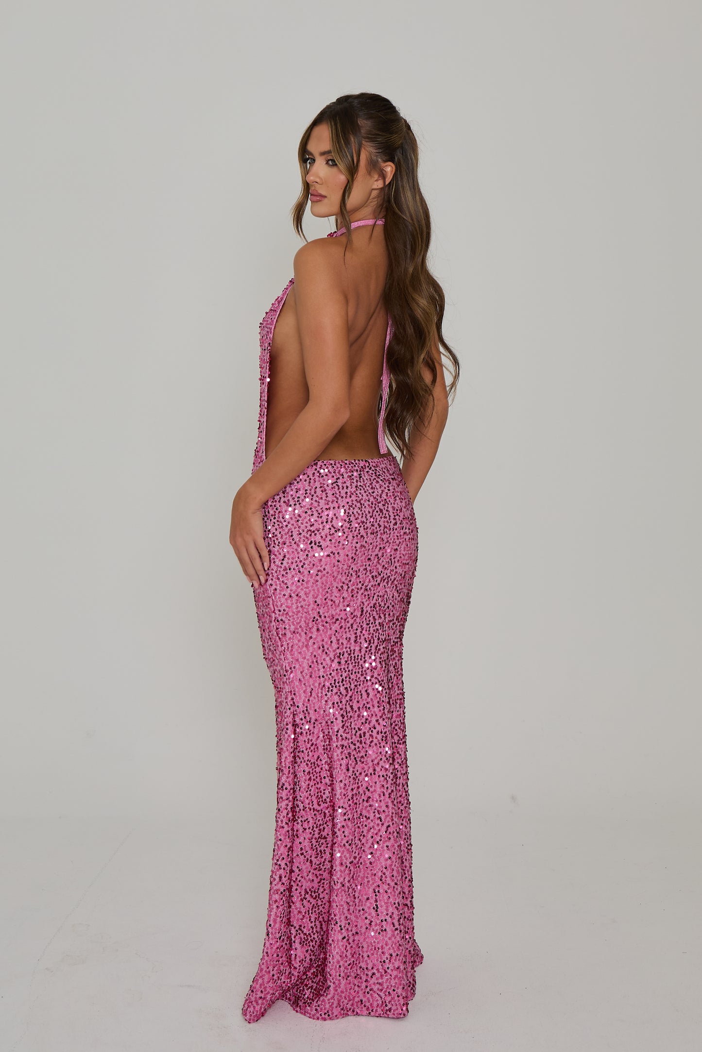 Selena Pink Sequin Backless Maxi / PRE ORDER