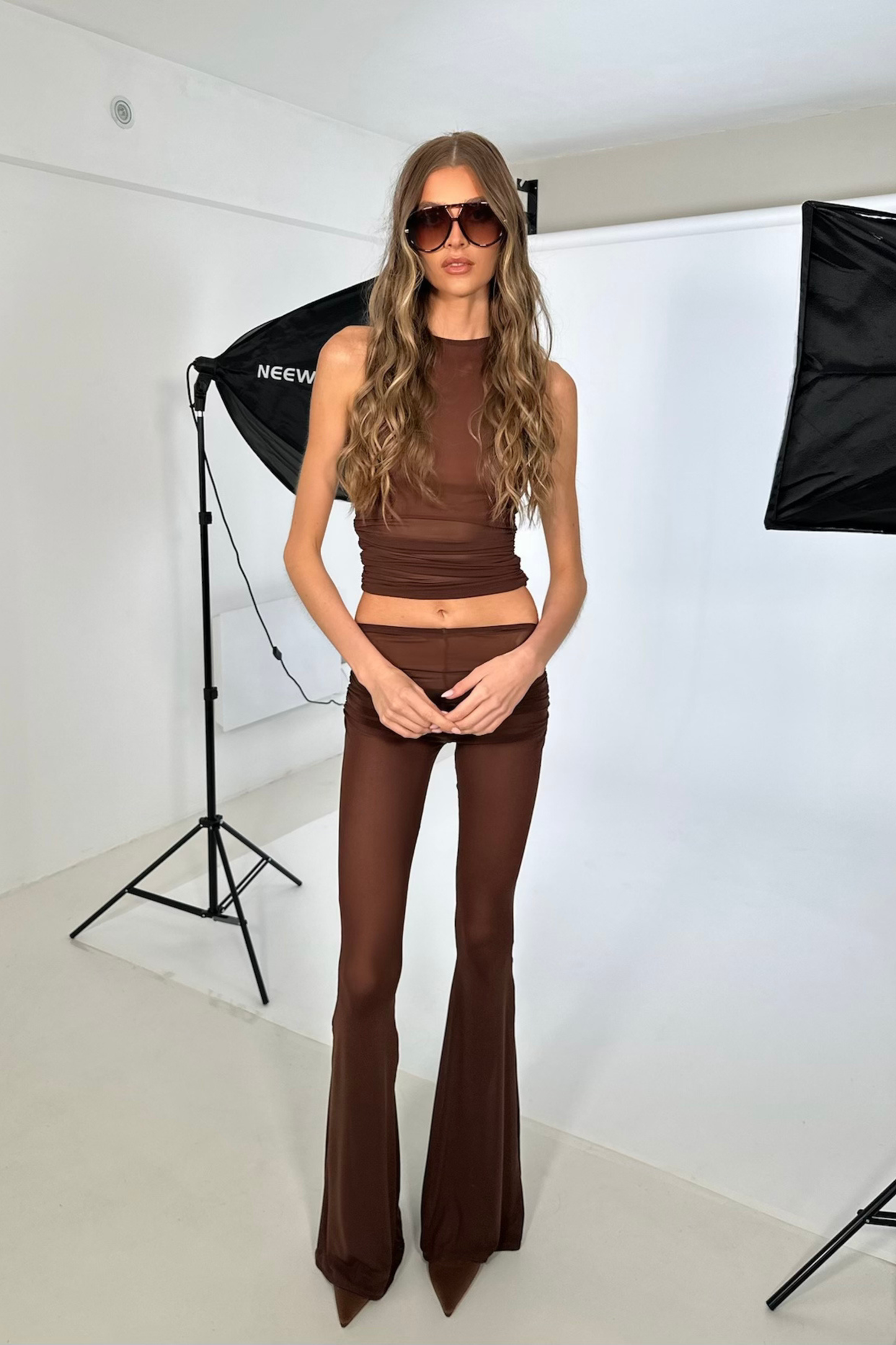 Raffy Brown Mesh Flare Pant Set / MADE TO ORDER