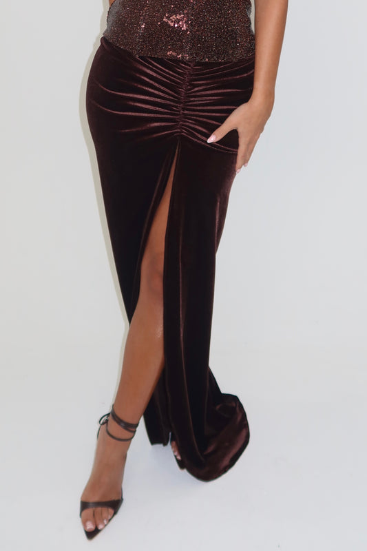 Chocolate Brown Velvet Maxi Skirt  / IN STOCK