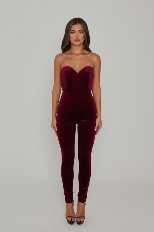 Vayda Burgundy Velvet Catsuit / PRE ORDER
